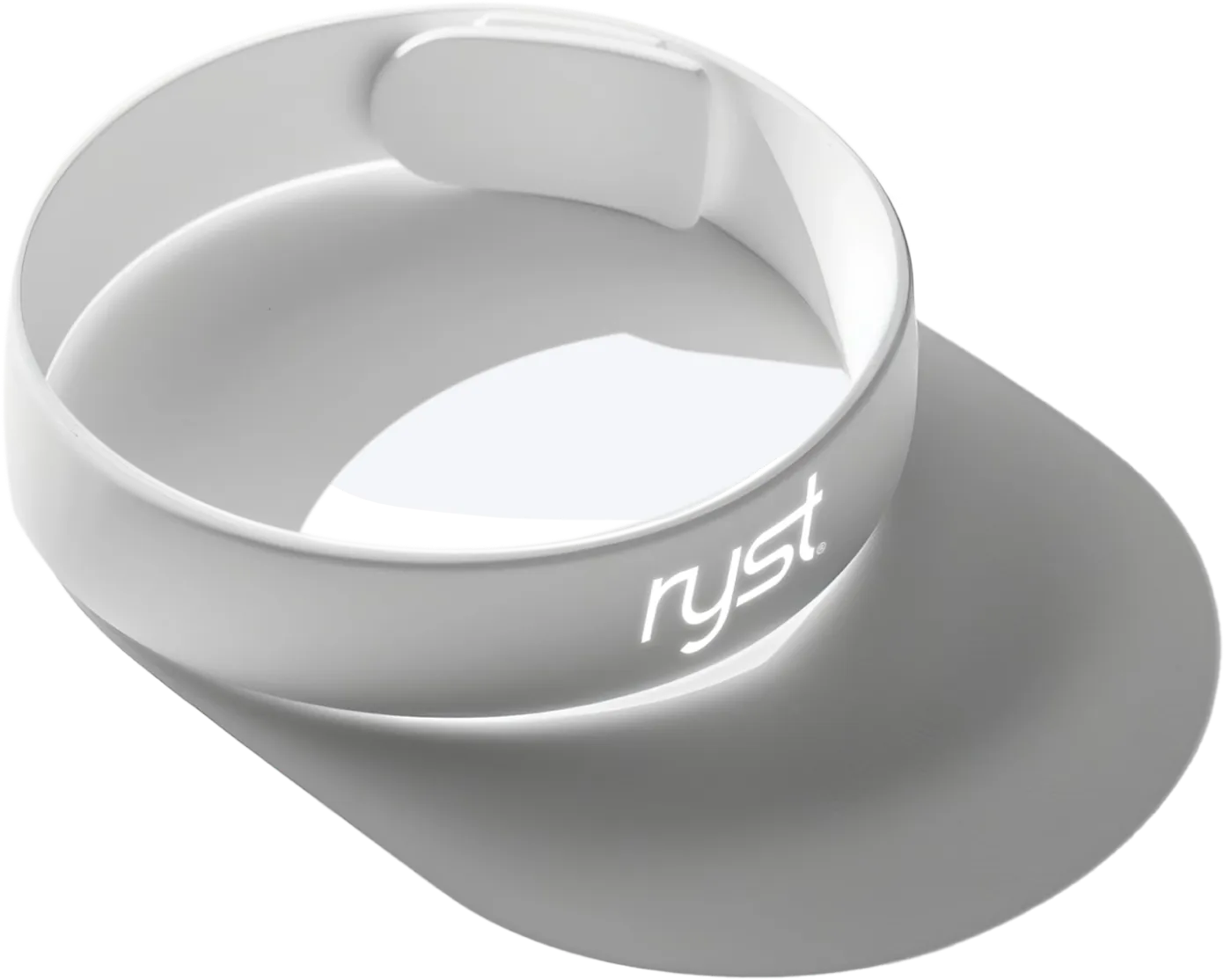 A white wristband with the 'ryst' logo on its surface, casting a soft shadow on a light background