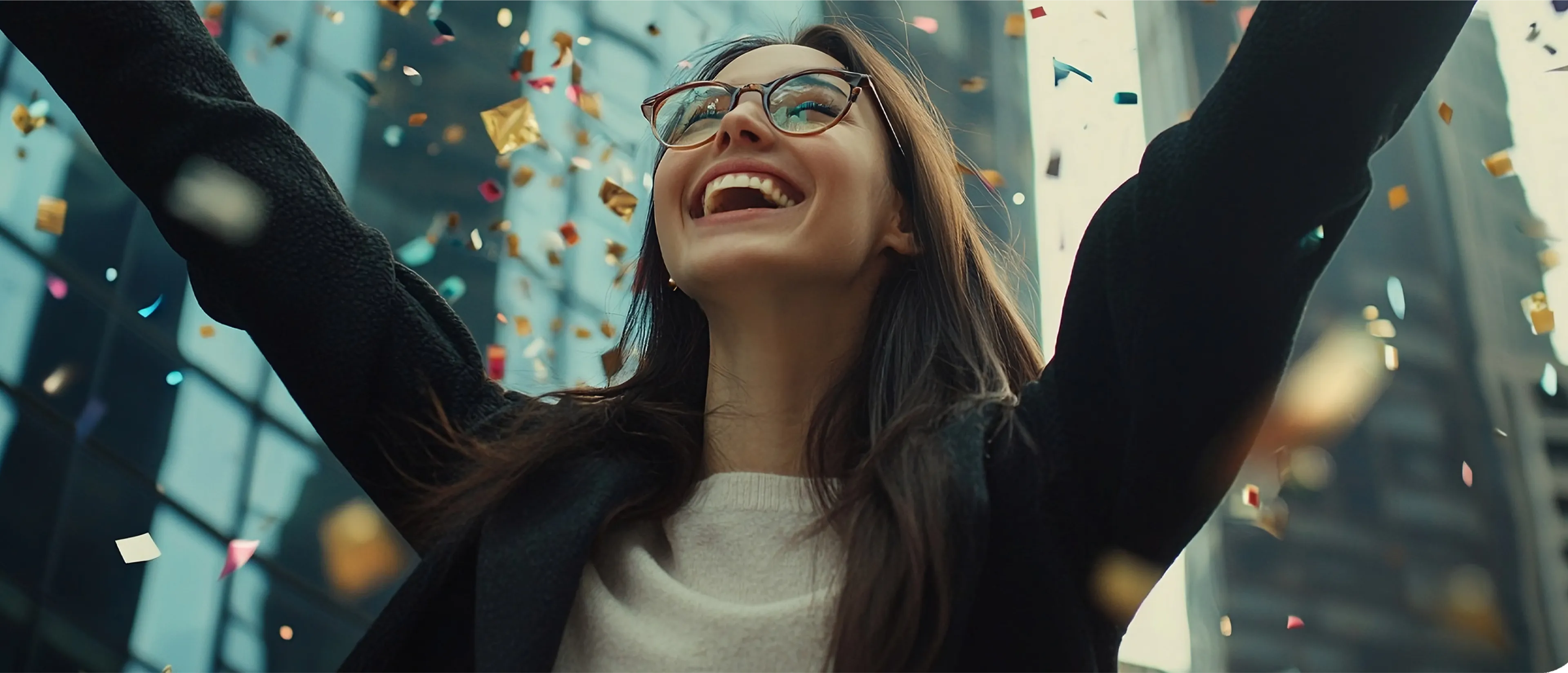 A joyful woman wearing glasses with her arms raised, surrounded by colorful confetti, against a backdrop of glass buildings