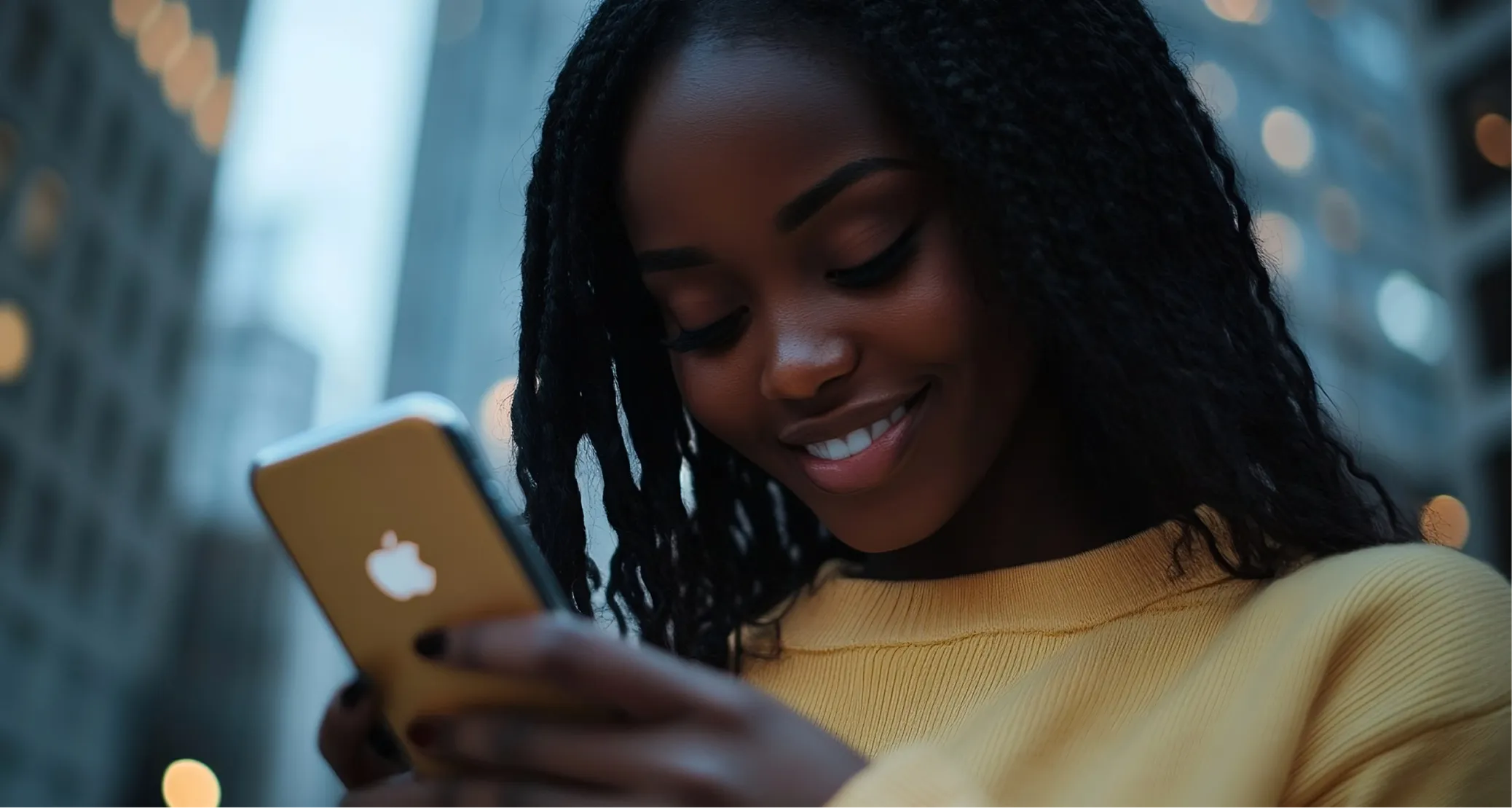 Smiling woman in a yellow sweater looking at a smartphone, with blurred city lights in the background