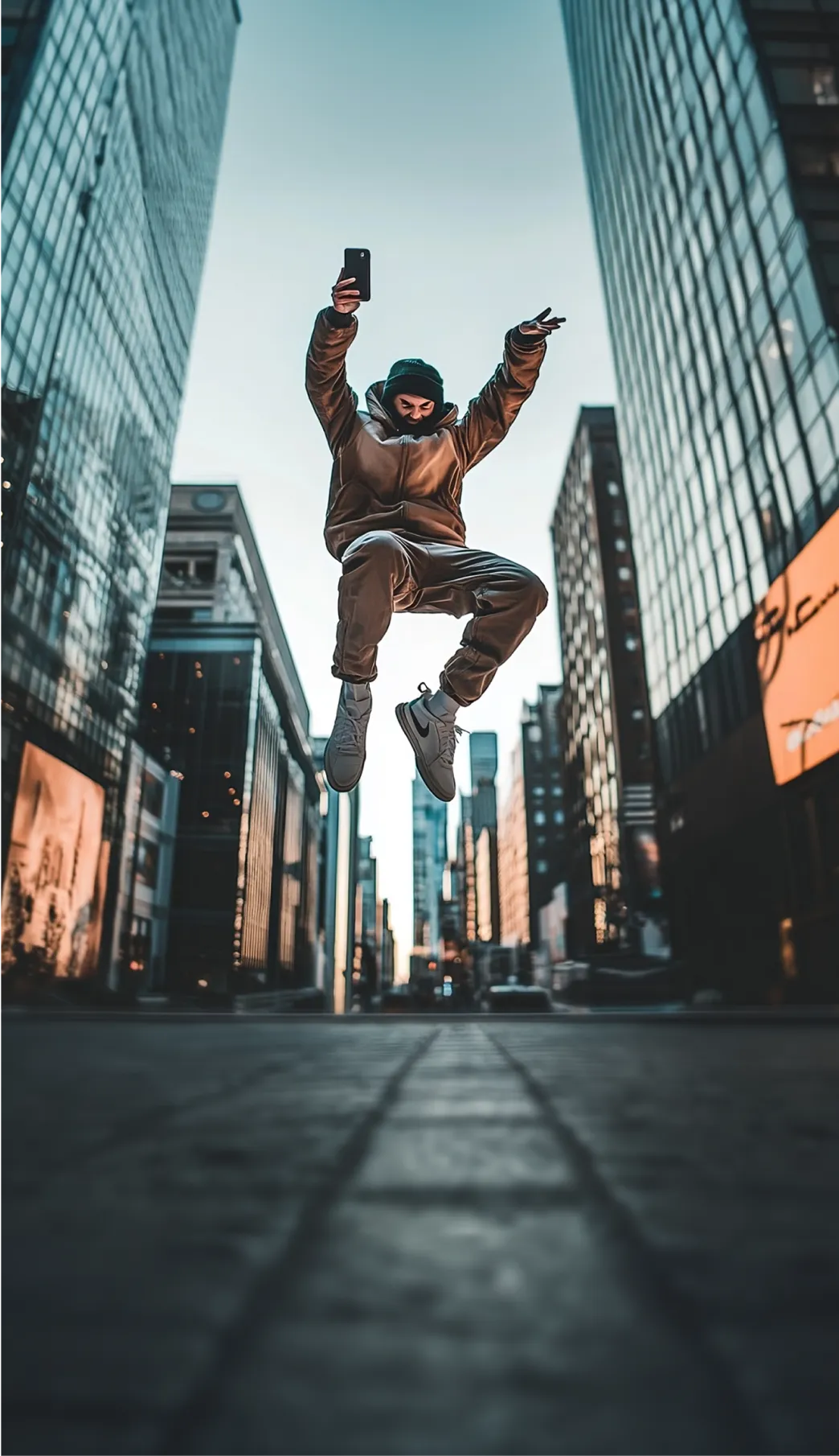 A person in winter clothing jumps, holding a smartphone, surrounded by tall, modern city buildings