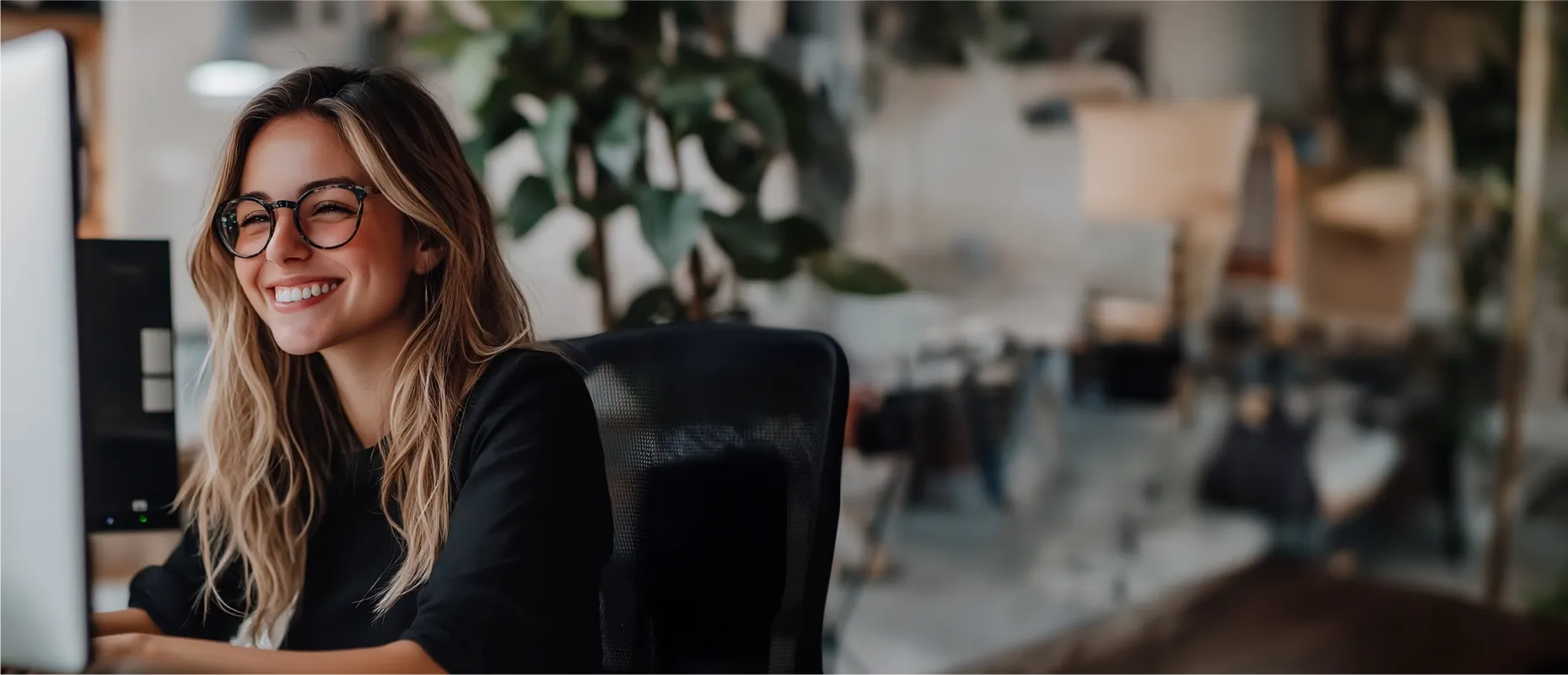 A smiling woman wearing glasses working at a computer in a modern, bright office with plants in the background