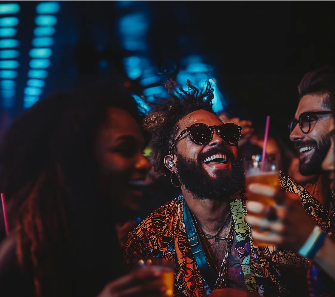 A group of friends enjoying a party, laughing and holding colorful drinks, illuminated by neon club lights
