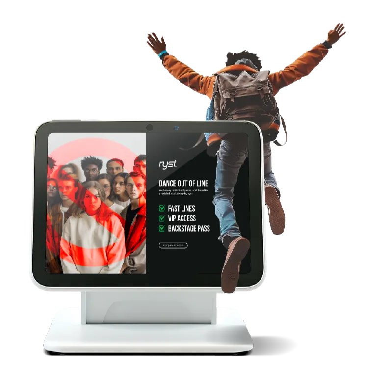 A promotional screen featuring the 'ryst' logo, showcasing offers for Fast Lines, VIP Access, and Backstage Pass