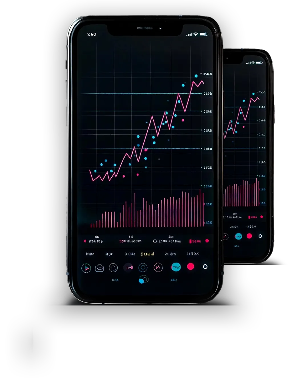A smartphone displaying a financial app with charts showing an upward trend and statistical data in the form of lines and bars