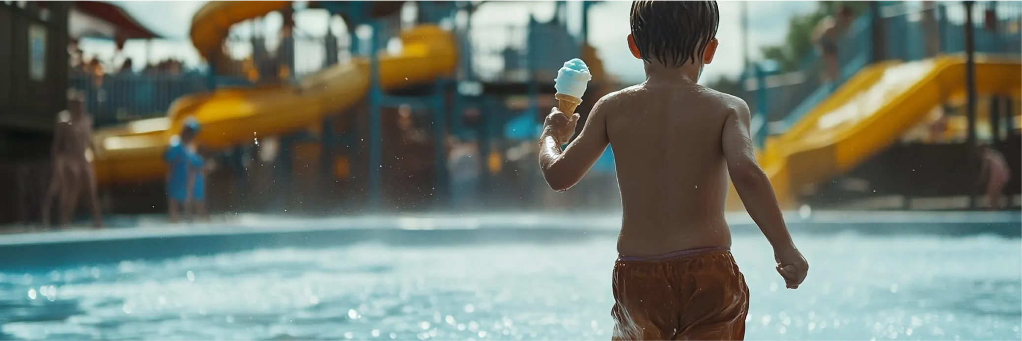 A child in wet shorts holding an ice cream cone, running towards a pool in a water park, with yellow slides and other water attractions in the background