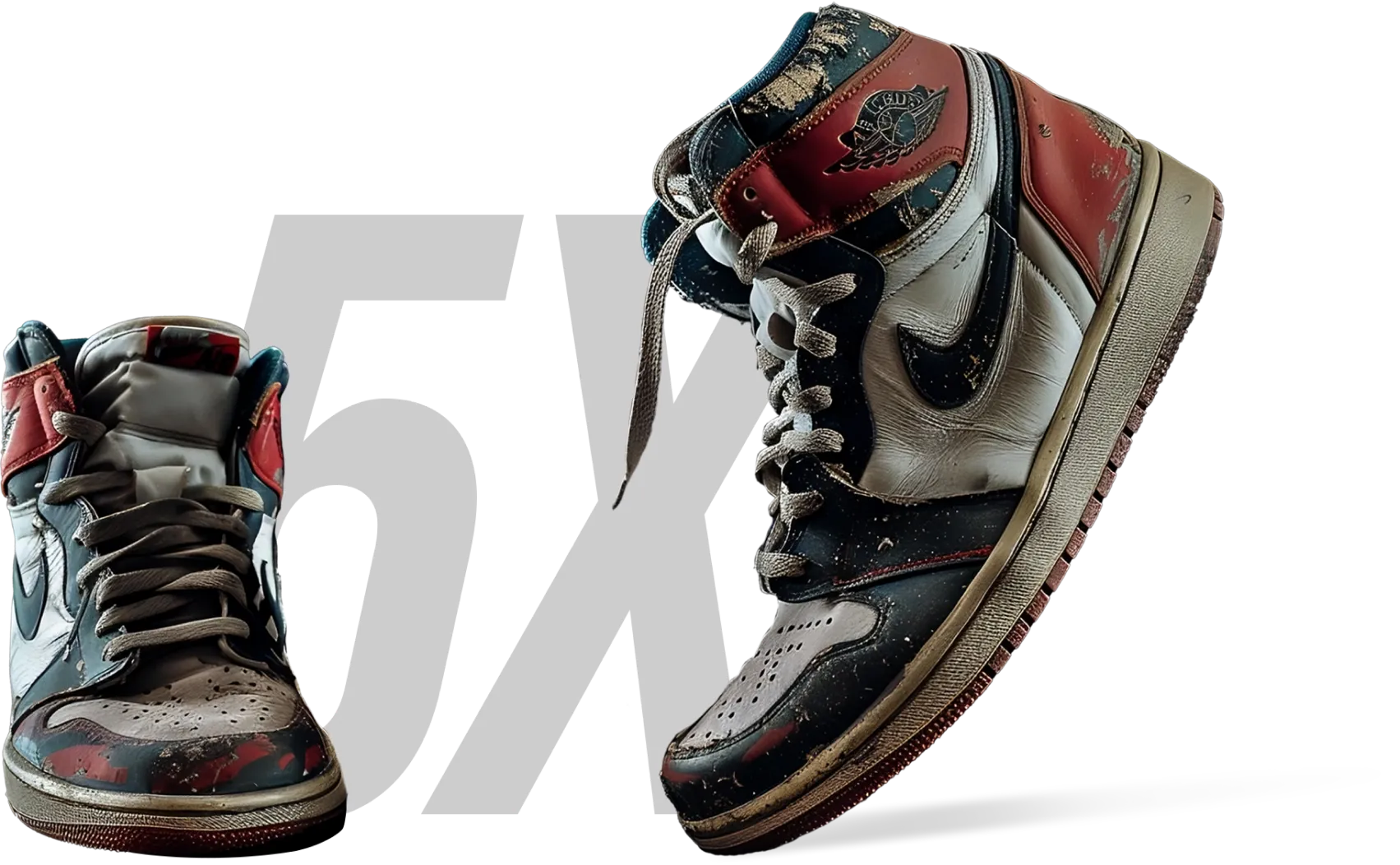 A pair of worn retro sneakers with visible signs of use, set against a black background with a large white '5X' text