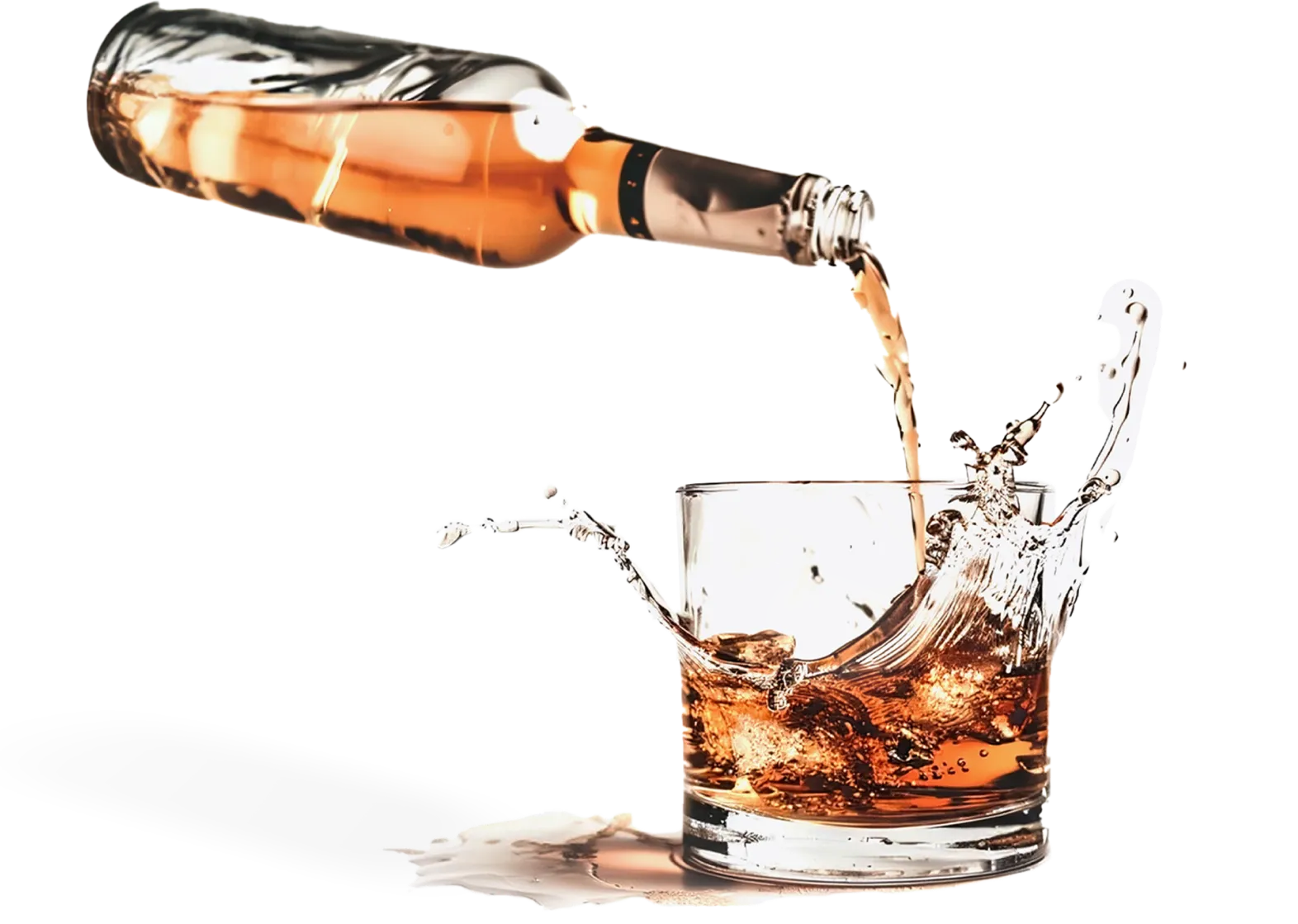 A bottle of whiskey being poured into a glass, with splashing liquid creating a dynamic effect